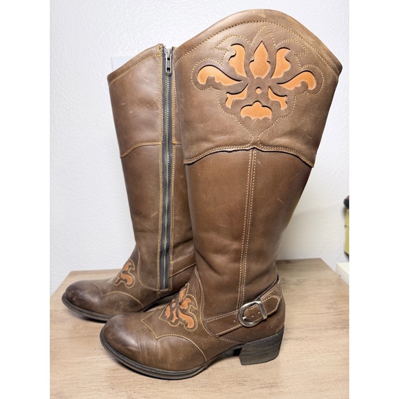 Born Shoes - Born Brown Leather Tall Riding Boots Floral Cutout Western D13406‎ Womens 7/38